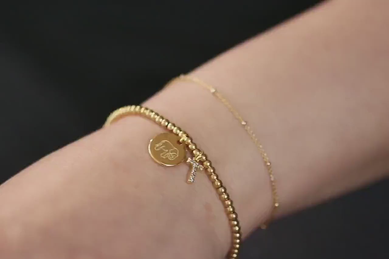Elastic Gold Filled Bead Bracelet, 18K Gold Filled Elephant Charm Bracelet, Personalised Initial Bracelet with Personalised Name Card