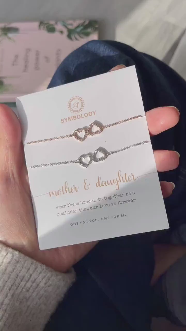 Mother Daughter Double Heart Bracelet Set, Personalised CZ Pave Love Heart Bracelet for Mum/Sister/Friend/Bridesmaid/Graduation Gift for Her