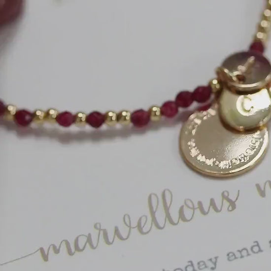 Personalised Initial Ruby Beads Bracelet, Gold Alphabet Disc Bestie Bracelet, Stretch Ruby Beads Bracelet, Bridesmaid Birthday Gift for Her