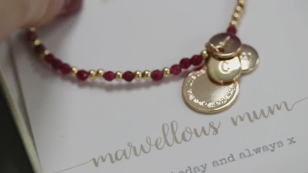 Personalised Initial Ruby Beads Bracelet, Gold Alphabet Disc Bestie Bracelet, Stretch Ruby Beads Bracelet, Bridesmaid Birthday Gift for Her