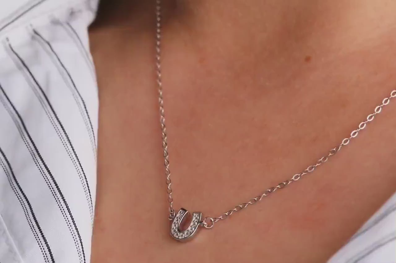 Sweet 16th Birthday Gift for Her, Lucky Horseshoe Necklace, Sterling Silver Dainty Pendant with CZ Crystals, Good Luck Charm Jewellery