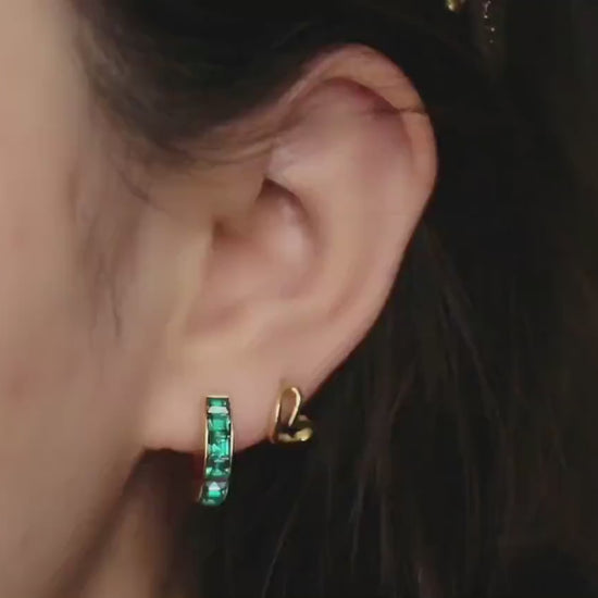 Gold May Birthstone Earrings: Swarovski Emerald Crystal Hoops, Minimalist Huggies for Everyday Wear