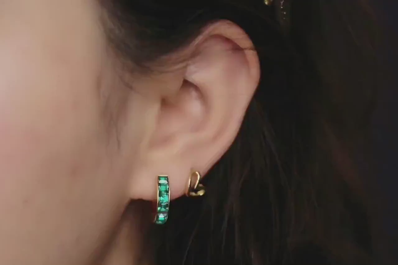 Gold May Birthstone Earrings: Swarovski Emerald Crystal Hoops, Minimalist Huggies for Everyday Wear