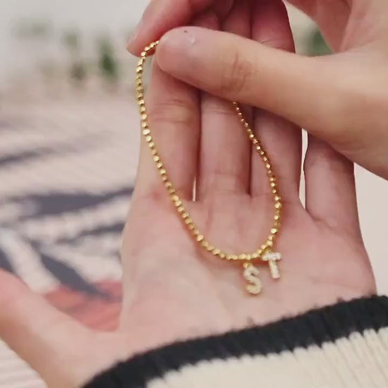 Thank You Gift For Her: Gold CZ Name Bracelet. Personalized Alphabet Bangle, Christmas Gift Idea