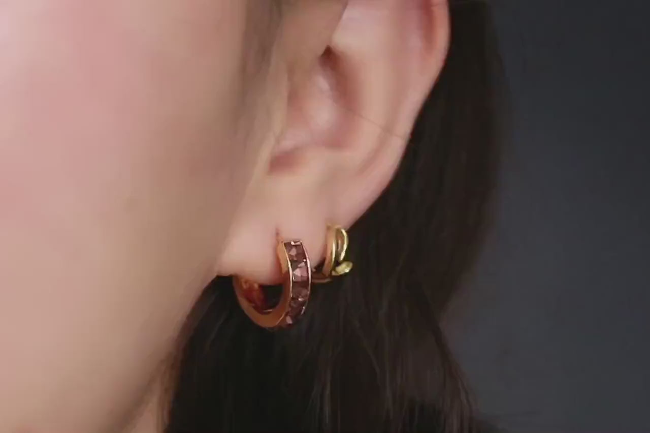 February Birthstone Gold Huggies: Amethyst CZ Crystal Hoop Earrings, Purple Crystal Hoops