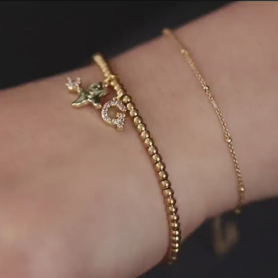 Elastic Gold Filled Beaded Bracelet, Dainty Ginger Bread Man  Charm Bangle, Personalised Initial Name Card Jewellery