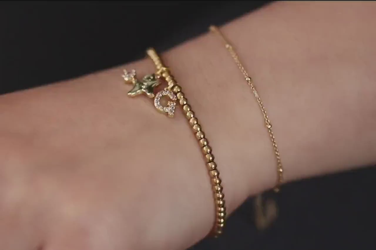 Elastic Gold Filled Beaded Bracelet, Dainty Ginger Bread Man  Charm Bangle, Personalised Initial Name Card Jewellery