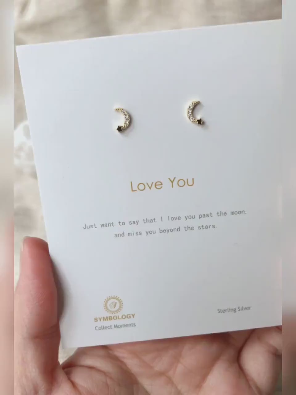 Dainty Crescent Moon and Star Stud Earrings in Gold Vermeil / Sterling Silver Love You Quote Studs Gift For Her / Valentines Gift for Her