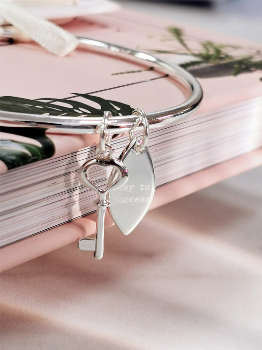 Key To Success Bangle with Silver Key charm, Symbology, Symbol Bangle, Good Luck, New Job, University Encouraging Family Gift (Gift boxed)