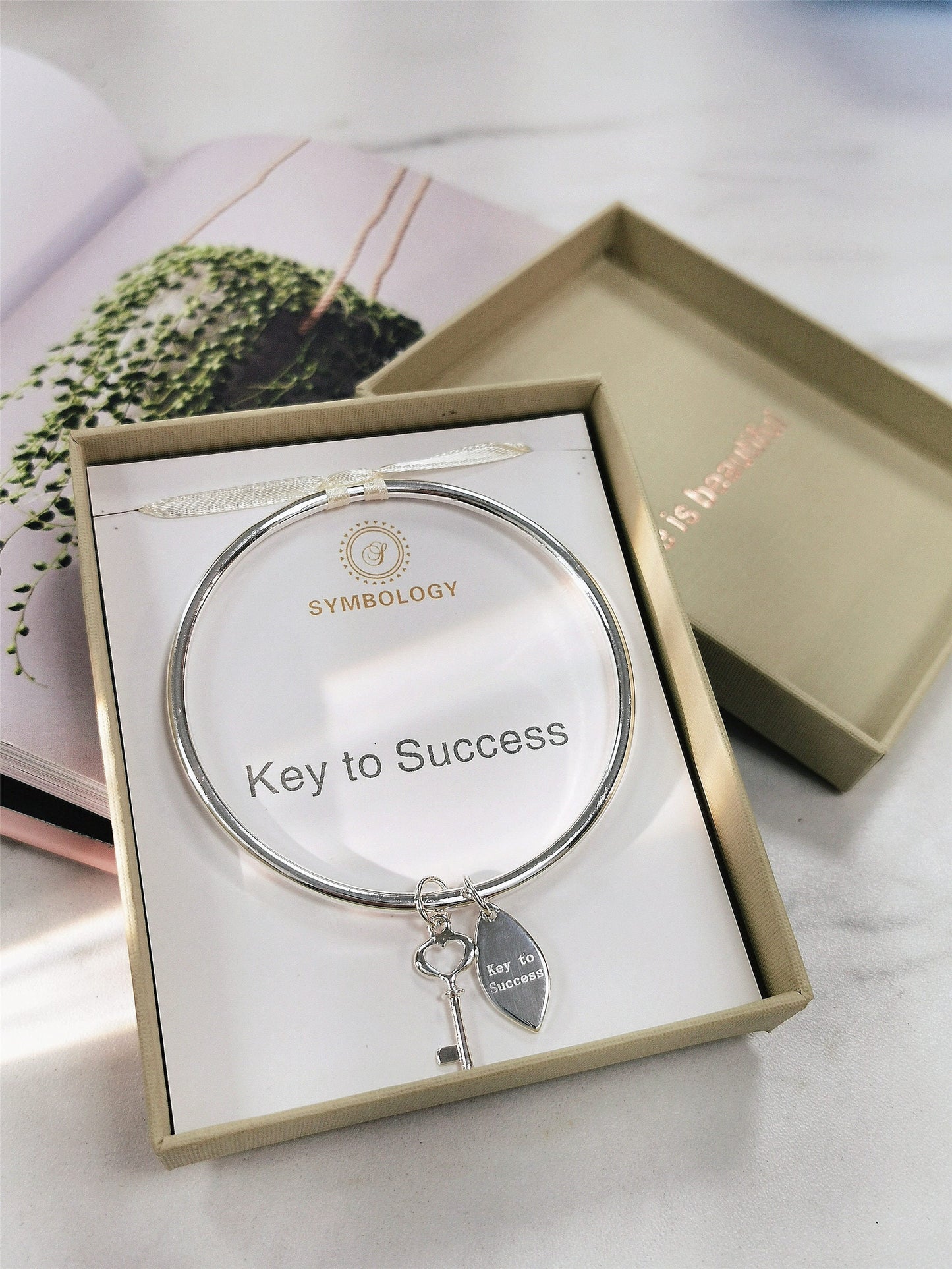 Key To Success Bangle with Silver Key charm, Symbology, Symbol Bangle, Good Luck, New Job, University Encouraging Family Gift (Gift boxed)