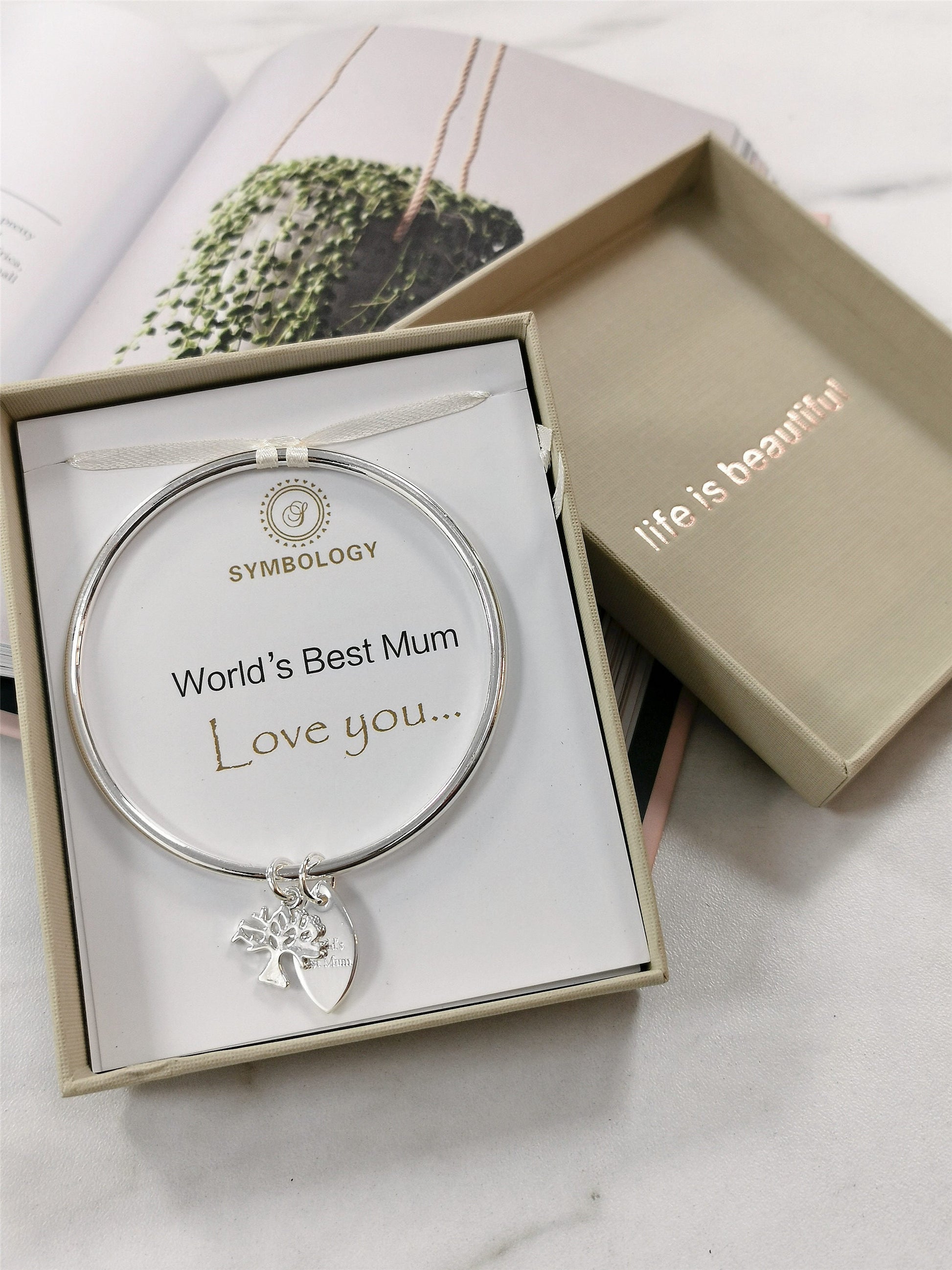 World's Best Mum Bangle with Silver Life of Tree Family Tree of Symbology Symbol Bangle, Mother's Day Gift, Birthday Gift for Mum, Gift Box