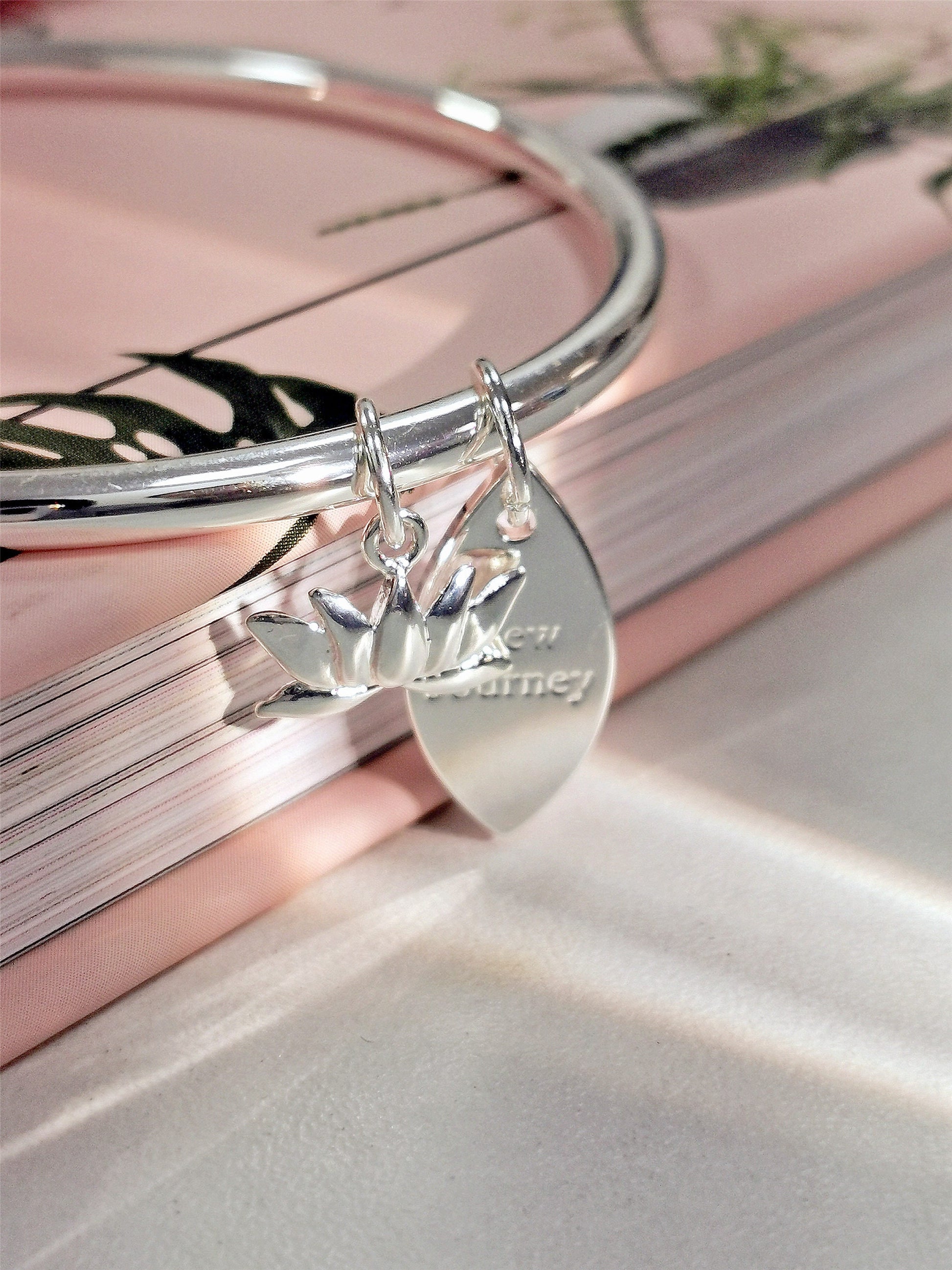 New Journey Bangle with Silver Lotus Charm, Symbology, Symbol Bangle, New Job Gift, Moving Gift, Beginning of 2021 (Gift boxed)
