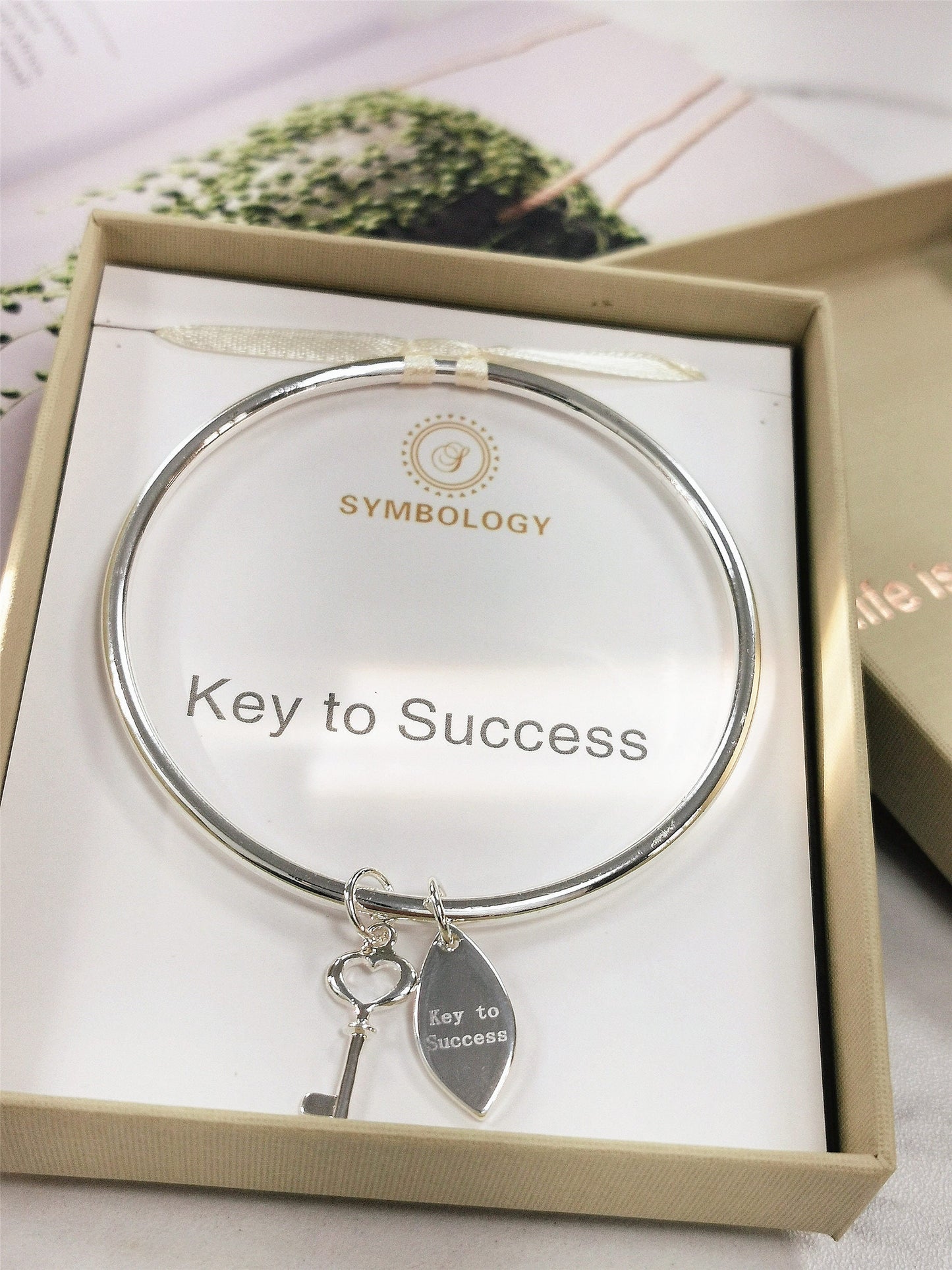 Key To Success Bangle with Silver Key charm, Symbology, Symbol Bangle, Good Luck, New Job, University Encouraging Family Gift (Gift boxed)