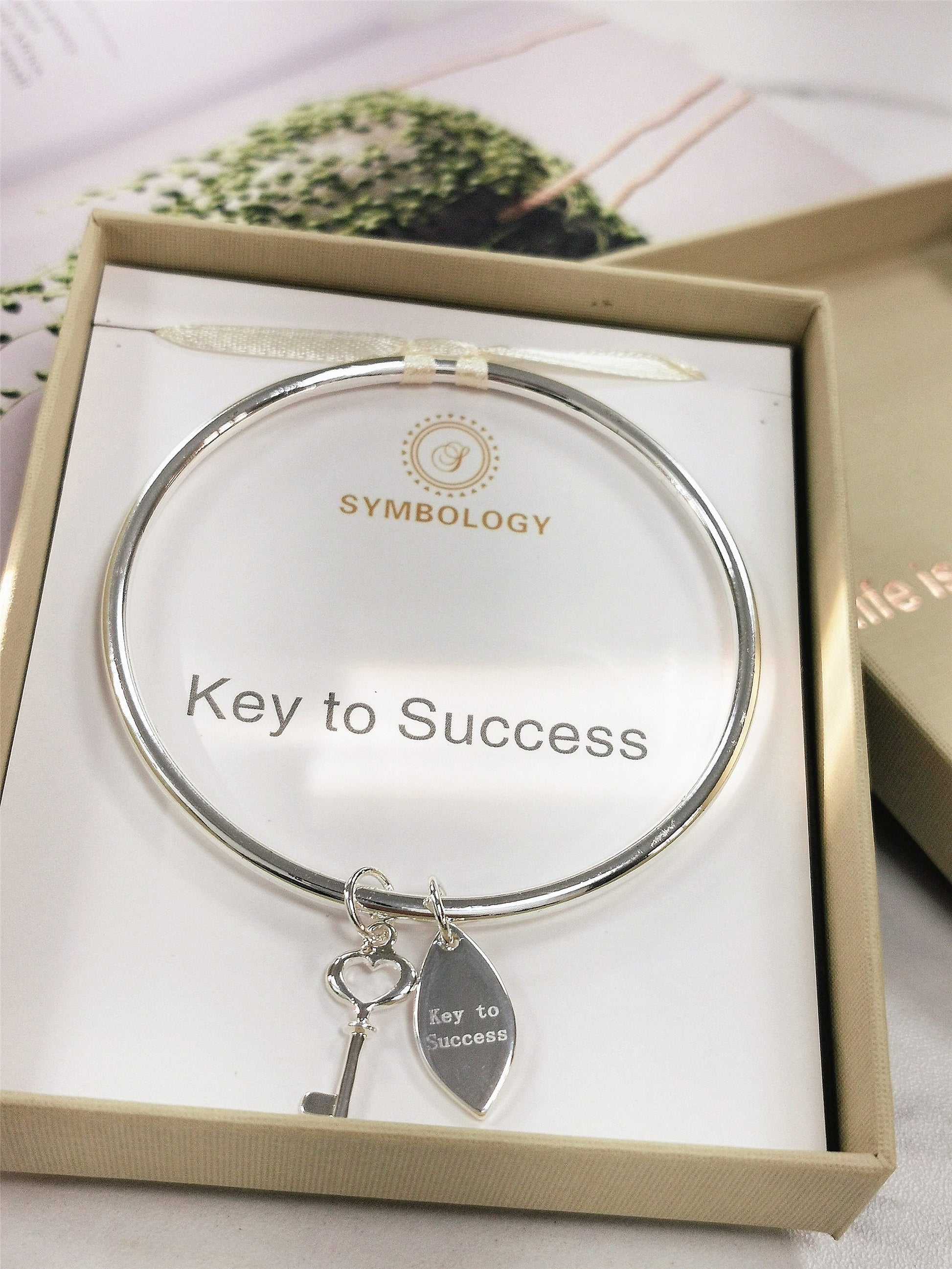 Key To Success Bangle with Silver Key charm, Symbology, Symbol Bangle, Good Luck, New Job, University Encouraging Family Gift (Gift boxed)