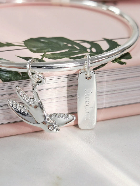 Freedom Bangle with Silver Swallow Charm, Symbology, Symbol Bangle, Sentimental, Birthday, Girlfriends, Life Style,Best Wishes (Gift boxed)
