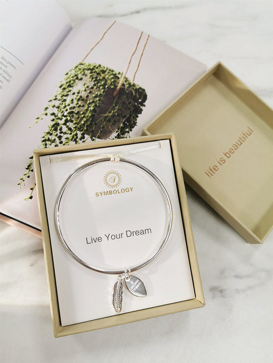 Live Your Dream Bangle with Silver Feather Charm, Symbology Sentimental Bangle, Graduation, New Life, Encouraging Gift with Gift Box