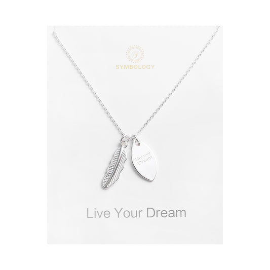 Live Your Dream Necklace, Silver Feather Pendant Charm, Birthstone Sentimental Necklace, New Life Gift, Graduation New Job Gift Leaving Gift