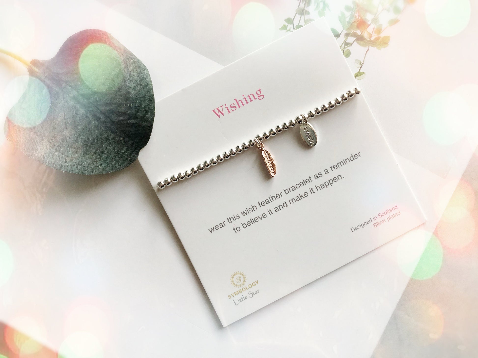 Christening Gift Wish Bracelet, Feather Charm Sentimental Bracelet