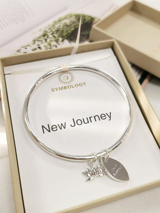 New Journey Bangle with Silver Lotus Charm, Symbology, Symbol Bangle, New Job Gift, Moving Gift, Beginning of 2021 (Gift boxed)