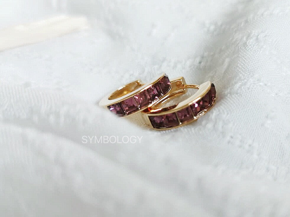 February Birthstone Hoop Earrings, Amethyst CZ Crystal Hoops, Swarovski Crystal Earrings, Gold Huggie Hoops, Christmas Gift for Her/Mum