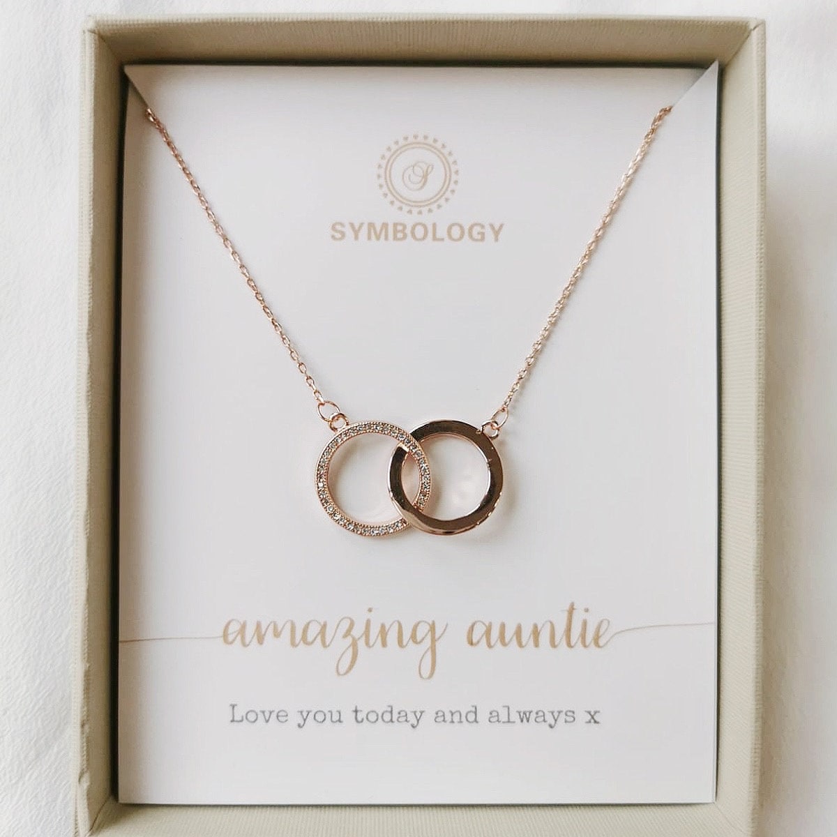 Auntie Gift Double Circle Necklace in White Gold, Rose Gold, Gold / Interlinking Circles Chain Necklace / Christmas Gift / Gift For Auntie