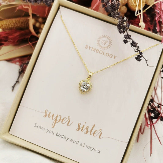 CZ Pave Love Heart Necklace in Silver/Rose Gold/Gold, Super Sister Necklace, Best Sister, Little Sister, Big Sister Gift, Family Gift