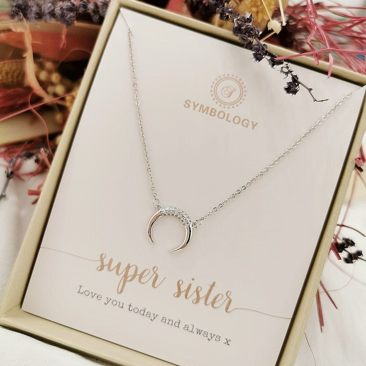 Sister Gift Necklace of SYMBOLOGY / Crescent Moon Necklace With Gift Box For Best Sister / Little Sister Big Sister / Best Sis in the world