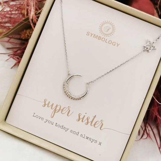 Sister Necklace Gift, Moon & Star Necklace For Best Sister, Little Sister Big Sister Gift, Best Sister Birthday Card, Sister in Law Gift