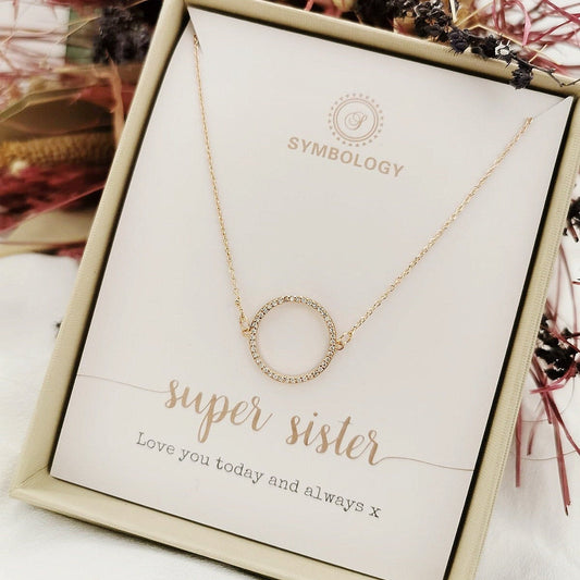 Sister Gift Necklace, SYMBOLOGY Super Sister CZ Circle Necklace With Gift Box / Best Sister / Little Sister Big Sister Gift