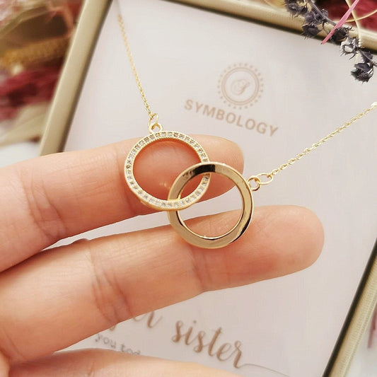 Gold Sister Double Love Heart Necklace / Sister Gift / CZ Pave Minimalist Charm Necklace / Bestie Gift Little Sister Big Sister Gift for Her