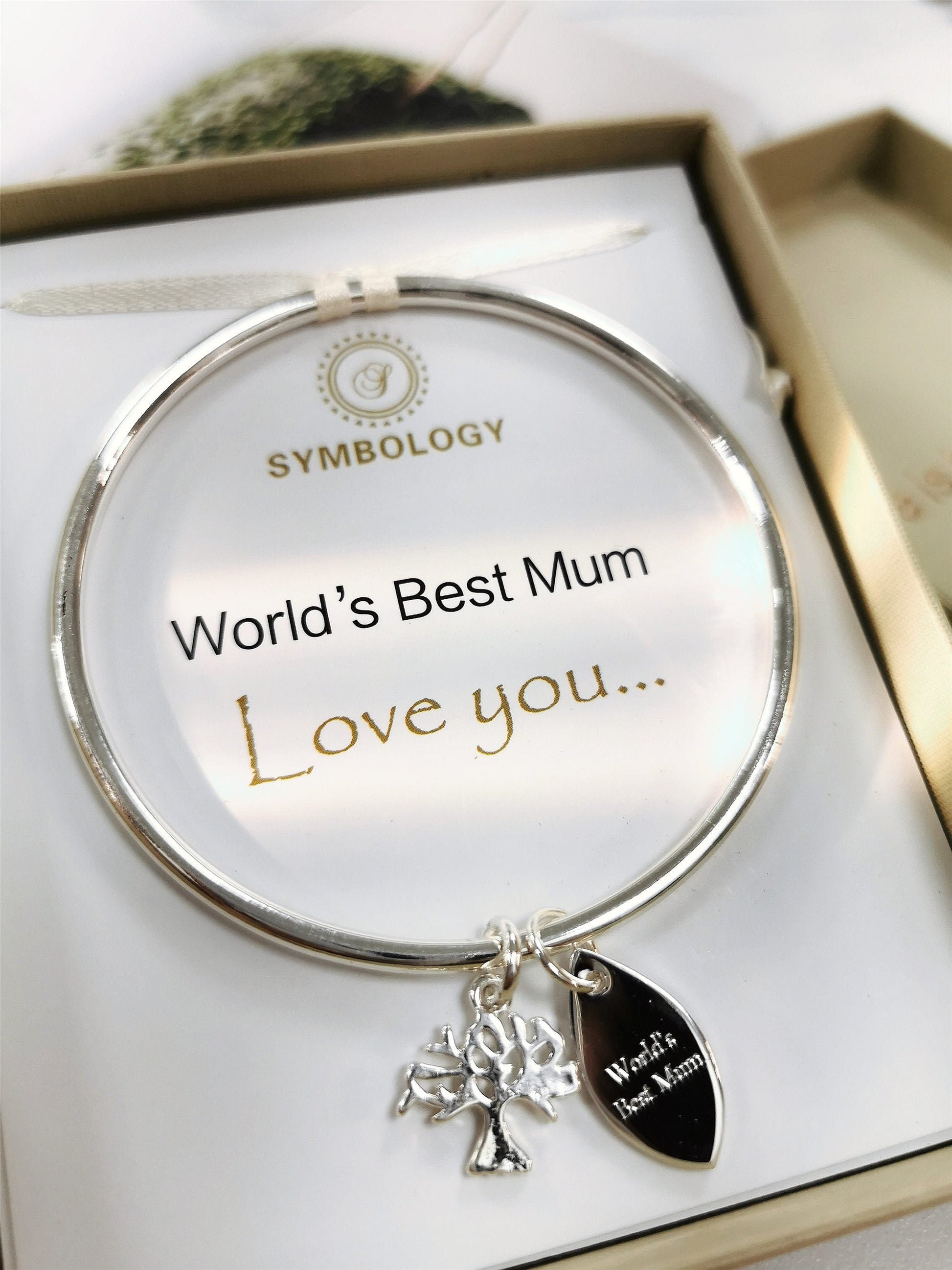 World's Best Mum Bangle with Silver Life of Tree Family Tree of Symbology Symbol Bangle, Mother's Day Gift, Birthday Gift for Mum, Gift Box