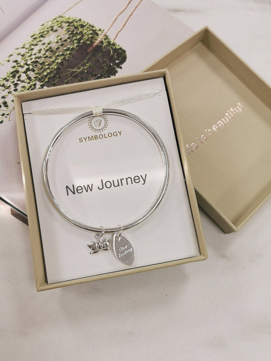 New Journey Bangle with Silver Lotus Charm of Symbology / Silver Sentimental Lotus Bangle for Graduation, New Job, New Life, Encourage Gift