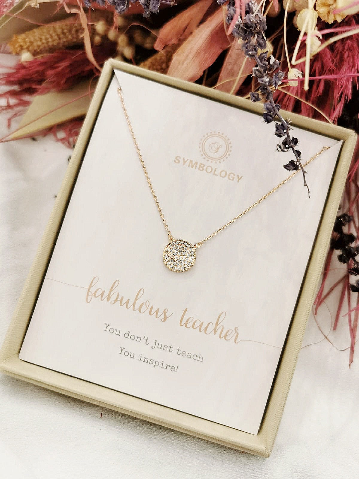 Teacher Gift, Handcraft CZ Pave Circle Disc Starburst Necklace/Teacher Dainty Star Disc Charm Necklace / Gift For Teacher /Best Teacher Gift