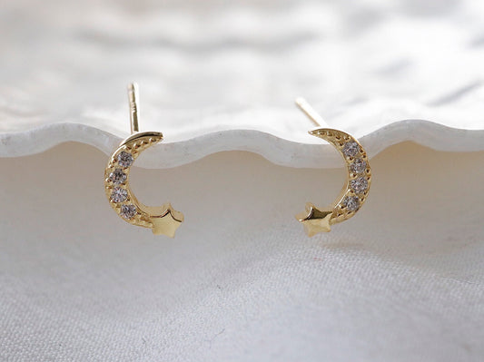 Dainty Crescent Moon and Star Stud Earrings in Gold Vermeil / Sterling Silver Love You Quote Studs Gift For Her / Valentines Gift for Her