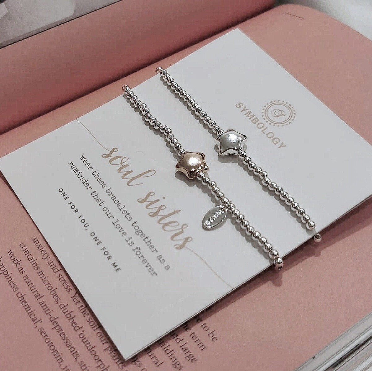 Silver Soul Sister Bracelet, Duo Silver Beads Bracelet with Star Symbol Charm of Symbology Symbol Bracelet, Gift For Sister / Best Friends