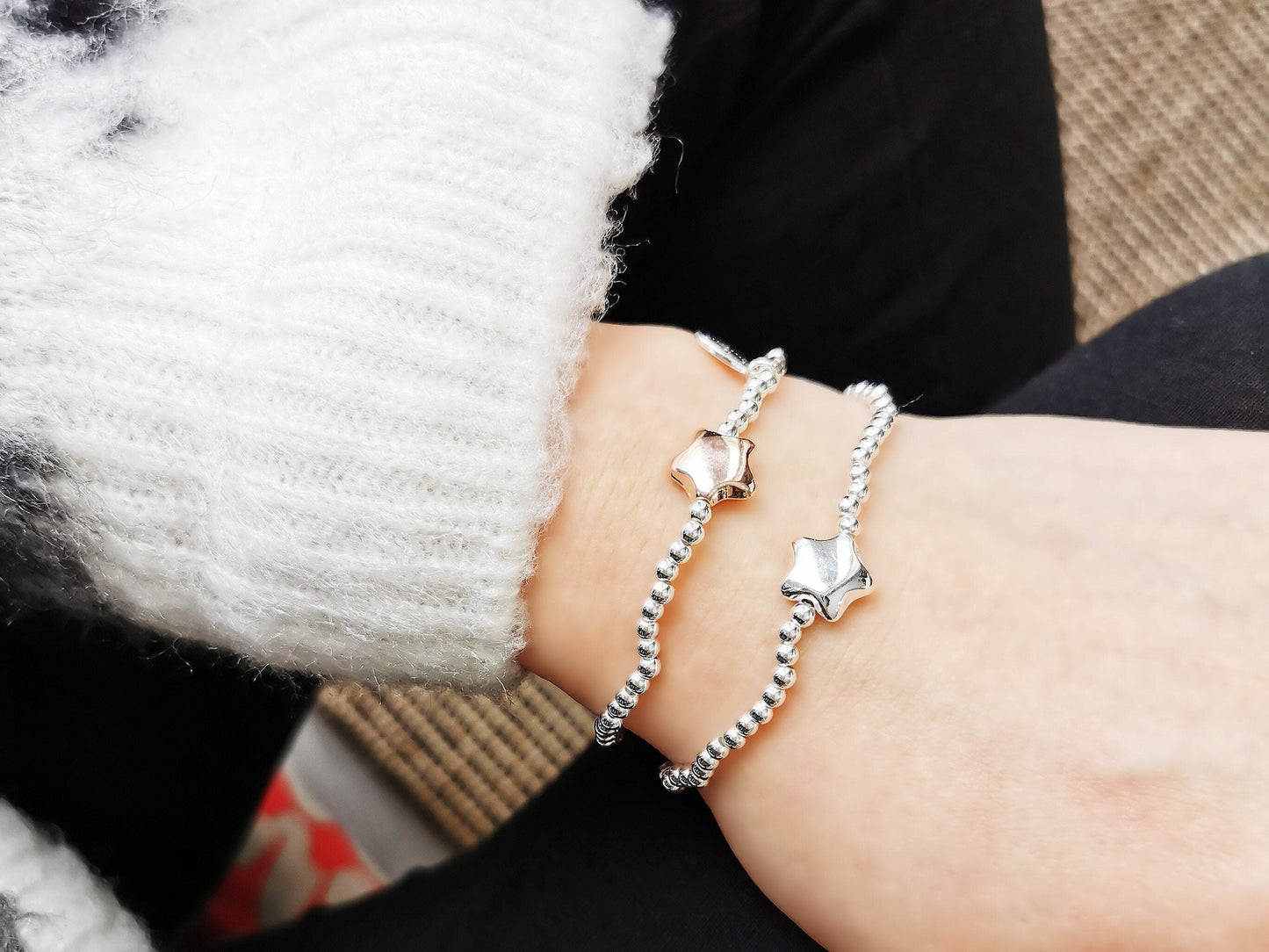 Silver Soul Sister Bracelet, Duo Silver Beads Bracelet with Star Symbol Charm of Symbology Symbol Bracelet, Gift For Sister / Best Friends