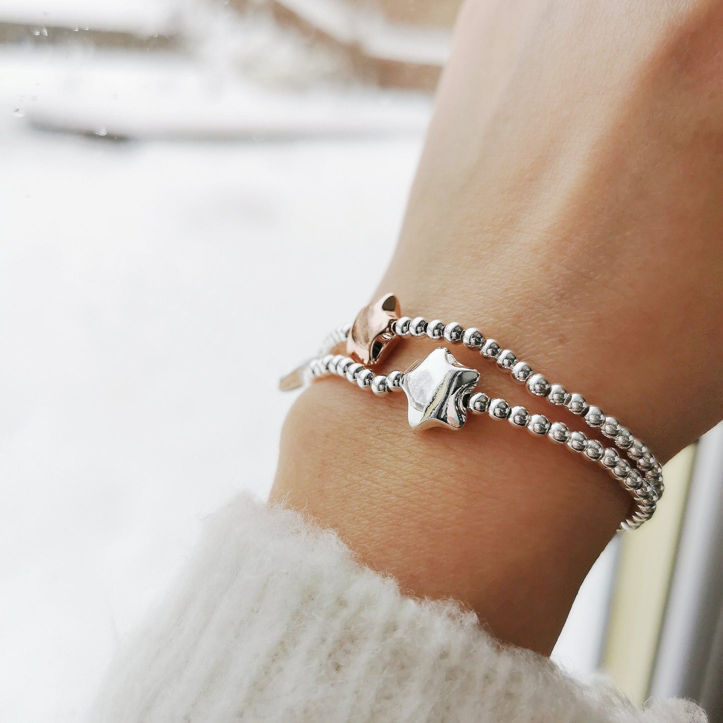 Silver Soul Sister Bracelet, Duo Silver Beads Bracelet with Star Symbol Charm of Symbology Symbol Bracelet, Gift For Sister / Best Friends