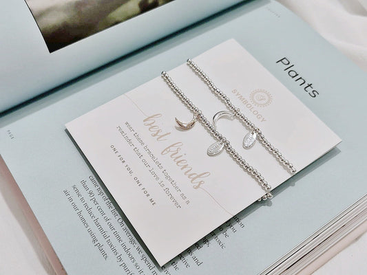 Silver Best Friends Bracelet, Duo Silver Beaded Bracelet with Moon Symbol Charm, BFF Gift For Best Friends, Wedding Gift for Special Friend