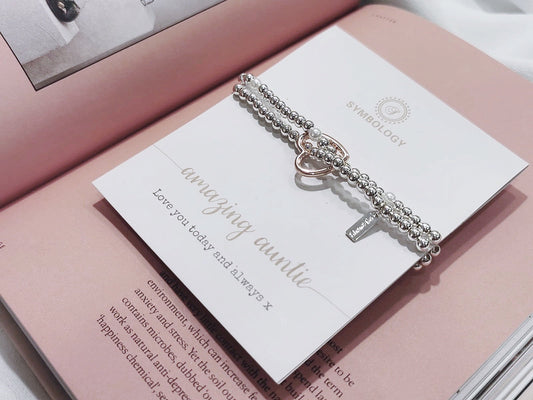 Amazing Auntie Double Silver Beaded Bracelet, Beaded Bracelet with Love Heart Symbol Charm for Auntie, Sentimental Gift for Special Auntie