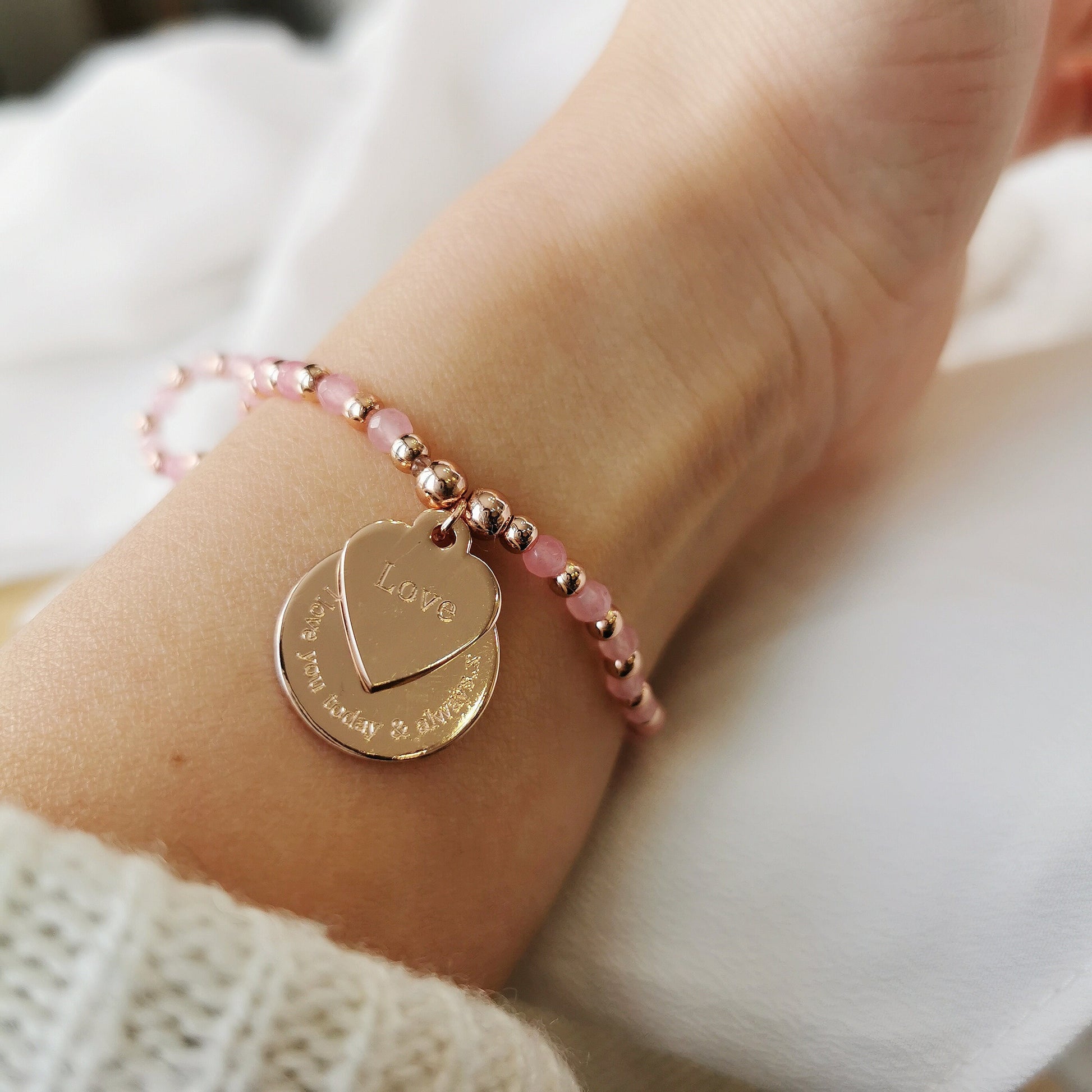 Graduation Gift / Black Silver or Pink Gold Bracelet with Disc and Love Heart Symbol Charm / Gift For Best Friend / Leaving Gift for Her
