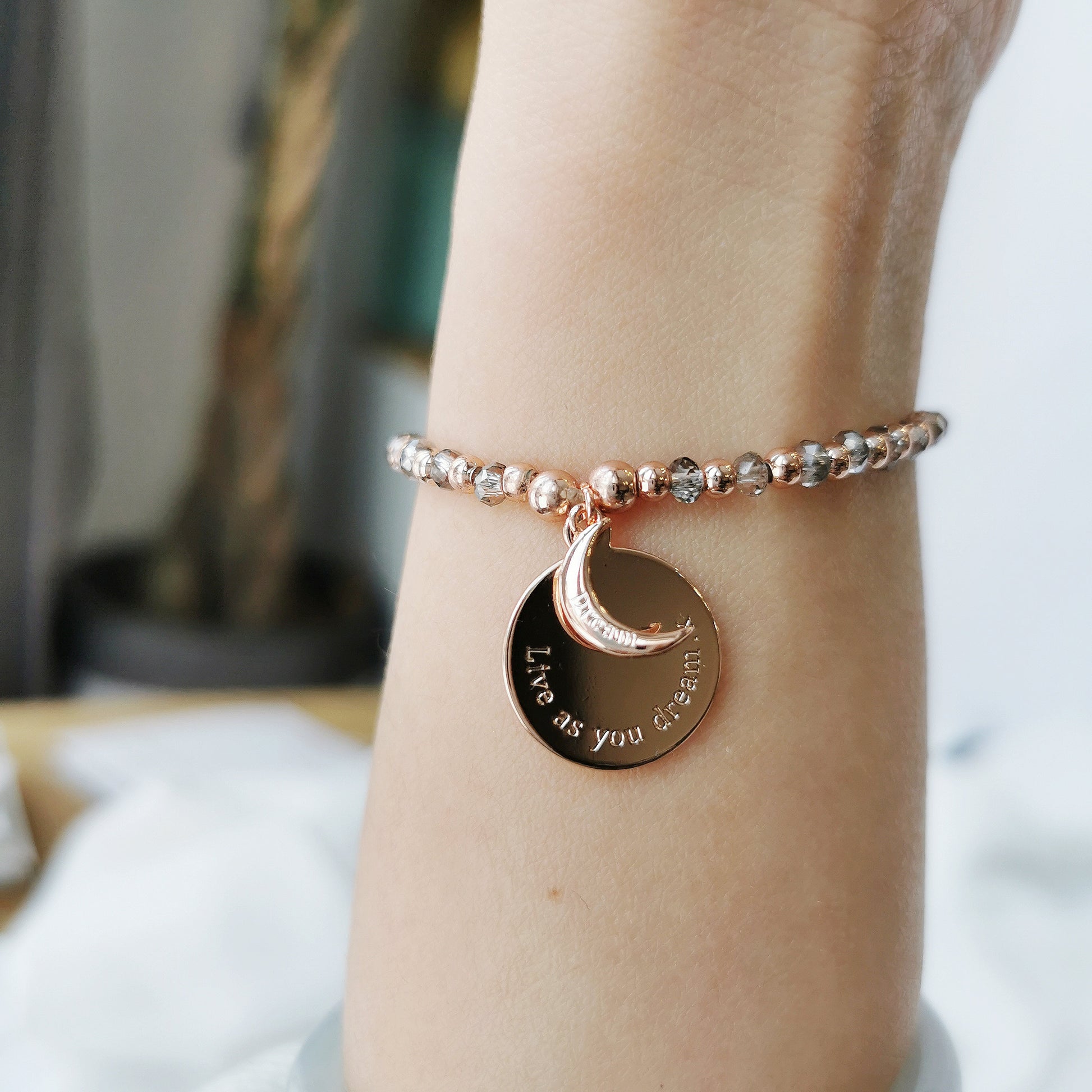 Graduation Gift / Rose Gold Moon Sentimental Bracelet / Live As You Dream Bracelet / Gift For Best Friend / Leaving Gift / New Job Gift