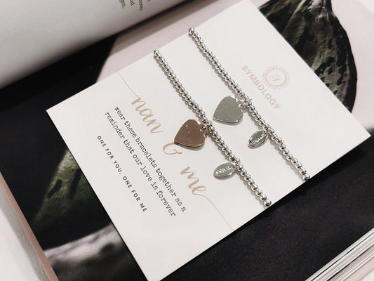 Silver Nan & Me Bracelet, Duo Silver Beads Bracelet with Love Heart Symbol Charm of Symbology Symbol Bracelet, Gift for Grandmother