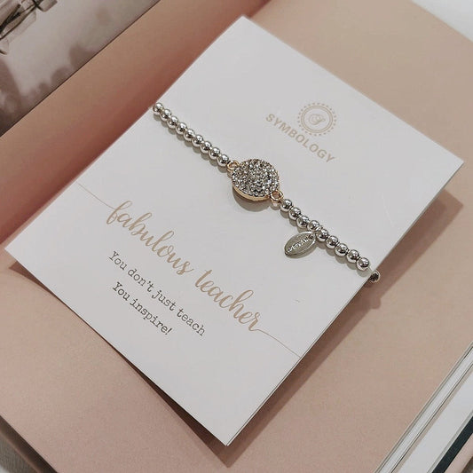 Fabulous Teacher Bracelet /Silver Beads Bracelet with Rose Gold Crystal Pave Disc Symbol Charm / Gift For Teacher / Best Teacher Gift