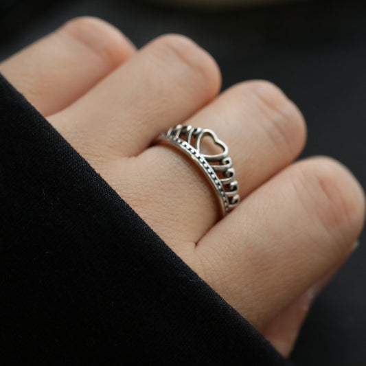 Sterling Silver Crown Ring, Vintage Princess Tiara Ring, Pandora Style Adjustable Ring, Crown Love Heart Ring, Valentines Gift for Her