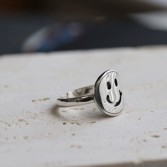 Sterling Silver Open Smiley Face Ring, Modern Quirky Adjustable Silver Happy Ring, Minimal Trendy Silver Stackable Open Rings, Gift for Her