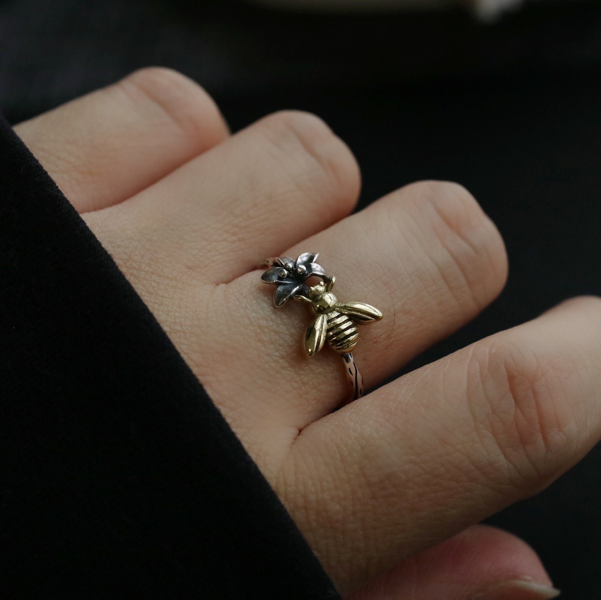 Dainty Sterling Silver Bee Ring, Silver and Gold Stacking Ring, Hammered Band Bee & Flower Open Adjustable Ring, Gift for Her