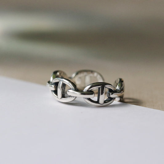 Sterling Silver Vintage Unisex Open Ring, Minimal Silver Adjustable Ring, Chunky Chain Link Band Ring, Stackable Rings Gift for Her