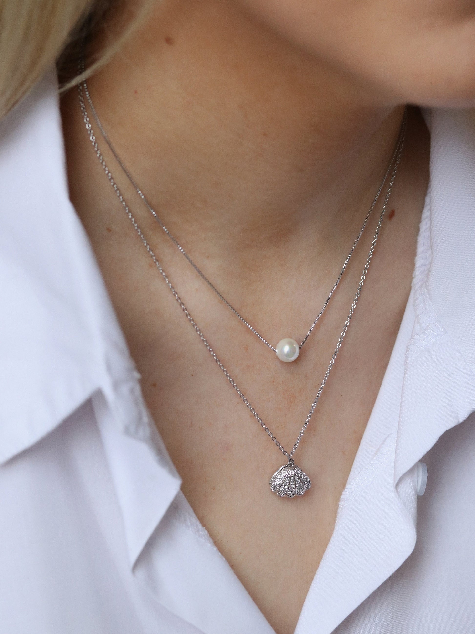 Mother Daughter Shell and Pearls Necklace Set, Wedding Necklace for Mum and Bride, Present for Mum/Sister/Friends/Bridesmaid/Wedding Gift