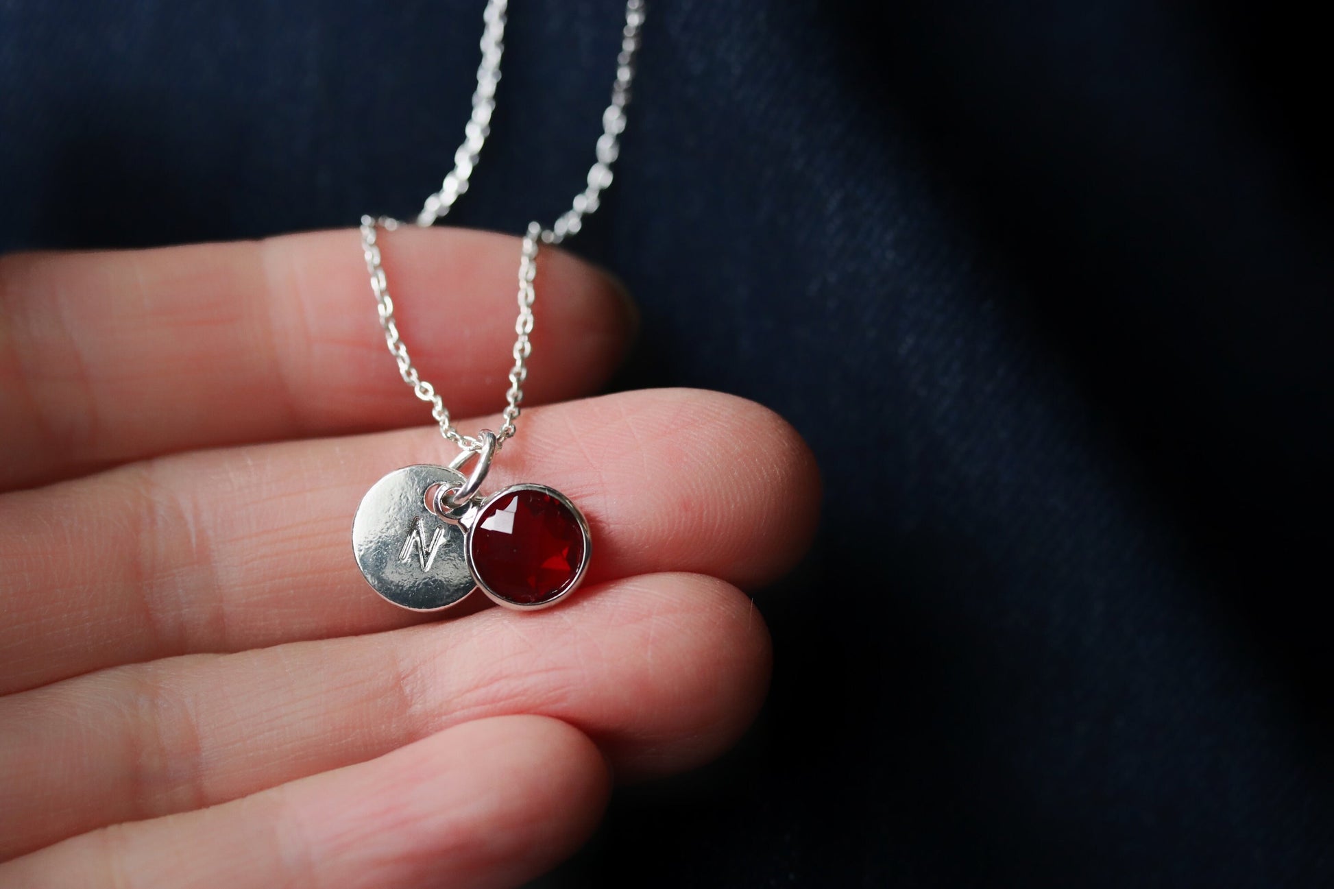 Silver Initial Birthstone Personalised Necklace, Birthstone Initial Jewellery for Mum, Name Necklace for Sister, Family Gift, Gift for Her