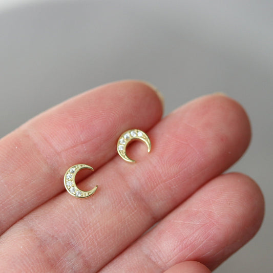 Tiny CZ Pave Crescent Moon Earrings, Gold Silver Stud Earrings, Sparkly Diamante Studs, Dainty Minimalistic Womens Jewellery, Gift for Her